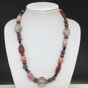 Chico's Pink Art Glass Faux Pearl Beaded Necklace